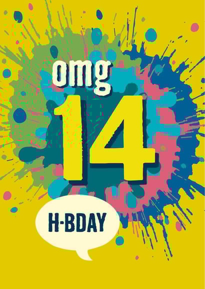 Colourful 14th birthday card for teenage boys and girls created by The Typecast Gallery