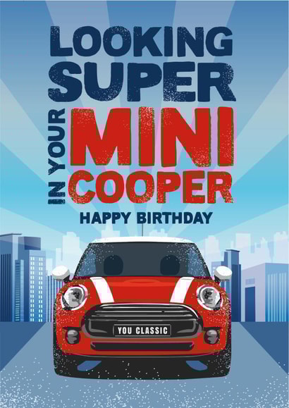 Birthday card for the classic Mini Cooper car enthusiast created by The Typecast Gallery