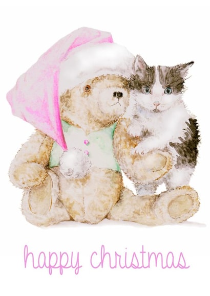 Teddy Bear and Kitten Happy Christmas Illustration Card created by Wandering Laur