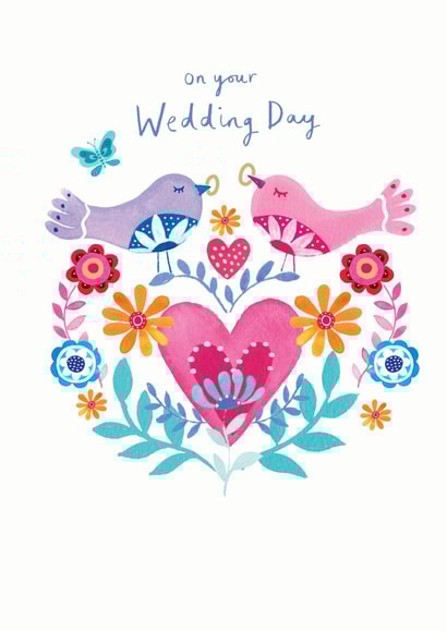 Colourful love birds exchanging rings. created by Lindsay loves to draw