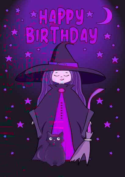 Cute Purple Witch and Cat Birthday Card created by Cheeky Witch®
