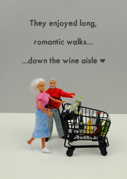 Funny Figurine Anniversary Card / Valentines Day Card - They Enjoyed Long Romantic Walks Down The Wine Aisle created by Bold & Bright Cards