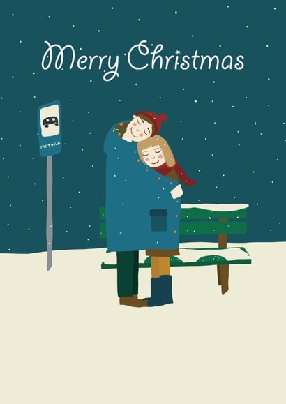 Cute - Cuddle - Love - Couple - Girlfriend - Boyfriend - Romantic - Bus Stop - Snowfall - Christmas Card created by Grietas Illustrations