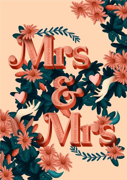 Mrs & Mrs - Pink and green floral card - LGBTQ wedding card created by Natalia Maca