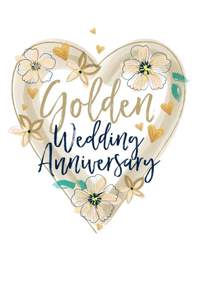 Pretty Golden 50th Wedding Anniversary Card - 50 Years - Heart - Golden Wedding Anniversary created by Katie Phythian Design