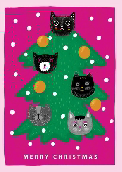Funny cats faces on a Christmas tree. Merry Xmas card created by @Doodle Bunny