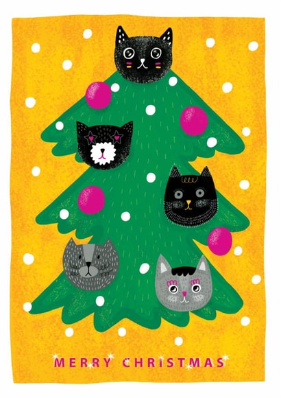 Funny cats faces on a Christmas tree. Xmas card created by @Doodle Bunny