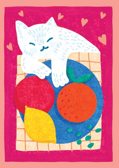 Veggie cat. Cat and fruits. Healthy diet card created by @Doodle Bunny