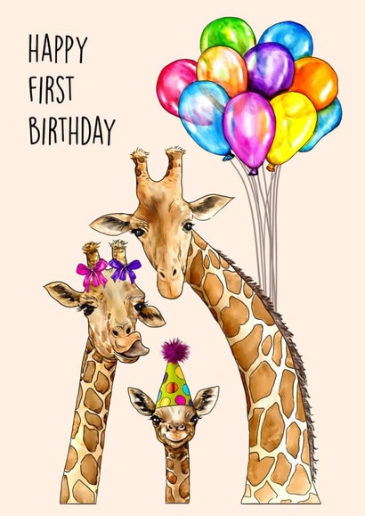 Giraffe family 1st birthday card created by Poppy & Mabel