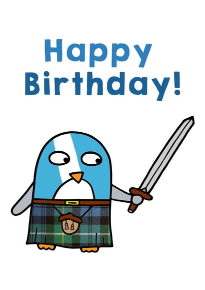 Scottish Braveheart Happy Birthday Penguin card. created by Penguin Parade