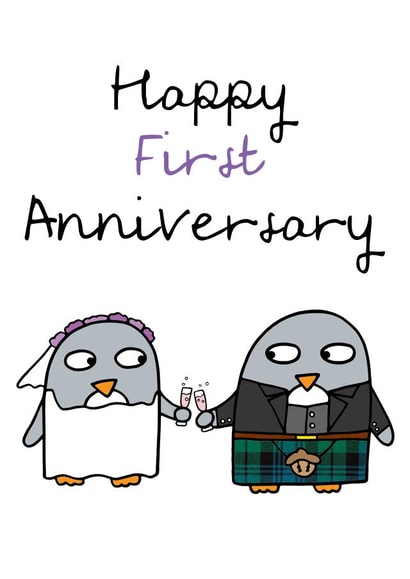 Cute Penguin Bride And Groom Anniversary Card - 1 Year - Happy First Anniversary created by Penguin Parade