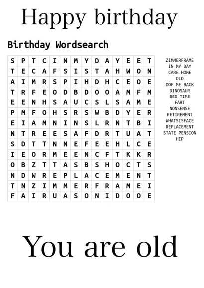 crossword wordsearch Birthday Card 46654 created by Tom Learoyd