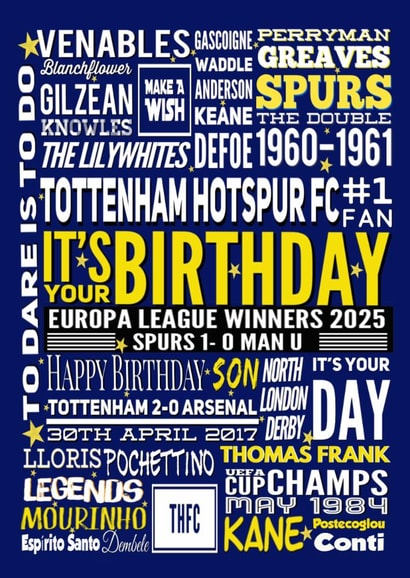 Spurs Fan - Europa League Winners 2025 History of football team Birthday Card created by Kerrylovescards