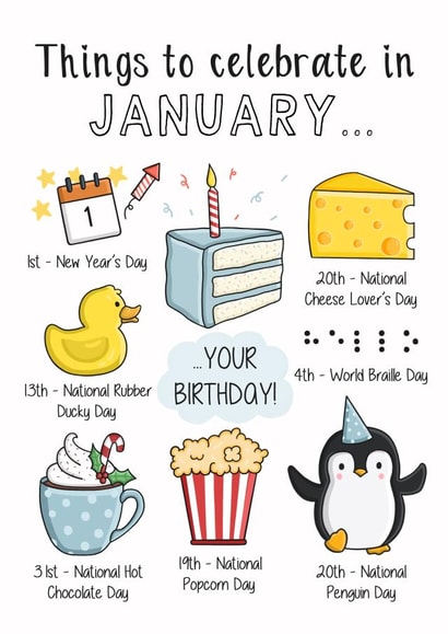 Cute Birthday Card - Things to Celebrate in January created by Creaternet