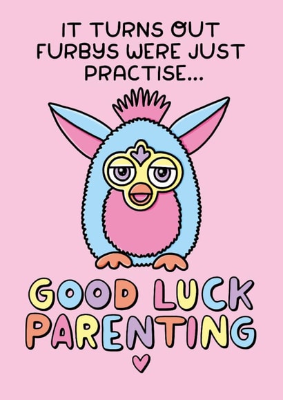 Funny Nostalgia Furby New Baby Card - Good Luck .Parenting created by Katie Ruby Illustration