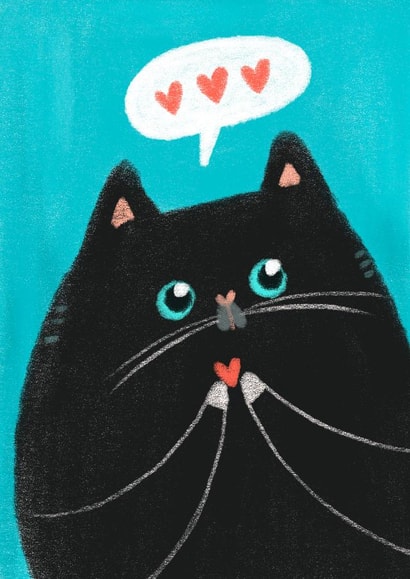 Cat with a heart talking about love card created by Juliana Motzko