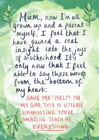 Funny Mothers Day Card -  Mum - Now I'm All Grown Up And A Parent Myself I Fell That I Have Gained A Real Insight Into The Joys Of Motherhood created by Rosie Johnson Illustrates