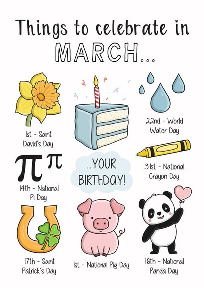 Things to celebrate in March birthday card created by Creaternet
