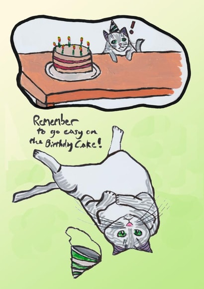 Cake-loving cat birthday card. created by Serena Hirameki