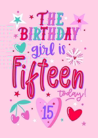 15th Birthday Girl - female for her - pretty cute cherry pink card created by Little Cat Creates