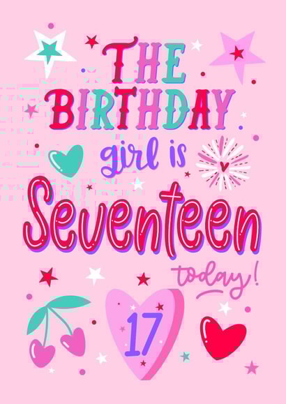 17th Birthday Girl - female for her - pretty cute cherry lilac card created by Little Cat Creates