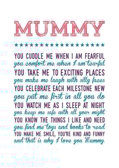 Cute Mothers Day Card - Mummy - Poem created by Joanna Miller