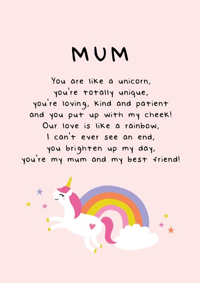 Heartfelt Mothers Day Card - Mum - Unicorn - Mum You Are Like A Unicorn You're Totally Unique created by Fifi Designs