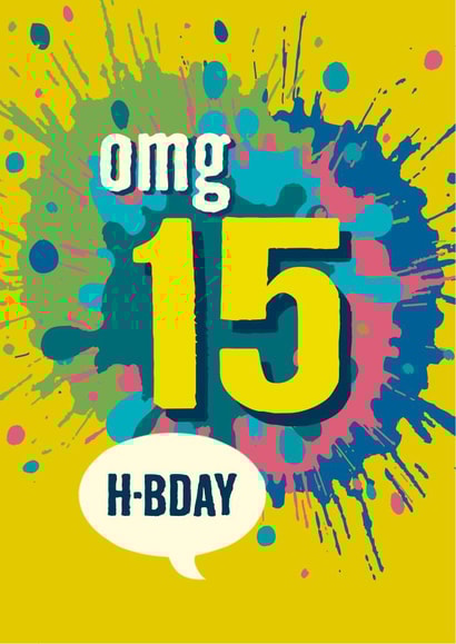 Colourful 15th birthday card for teenage boys and girls created by The Typecast Gallery