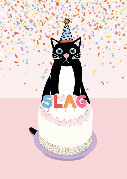 Rude cat birthday cake card with 'slag' candles created by Sweary Cats by Leaf Lane Studio