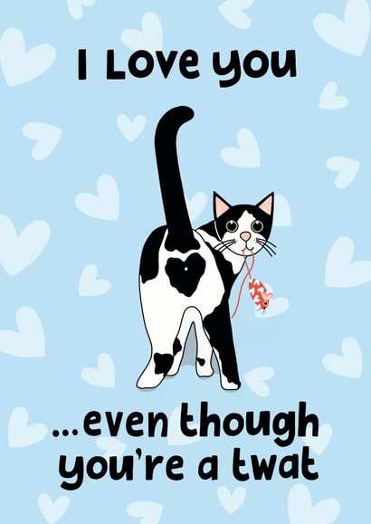 I love you, even though you are a twat cat card created by Sweary Cats by Leaf Lane Studio