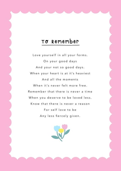 Sweet card to remind someone of the importance of self love. created by Jessica Rachel Sharp