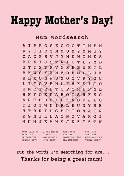 Mother’s Day Mum Wordsearch Card created by Funnilyenough
