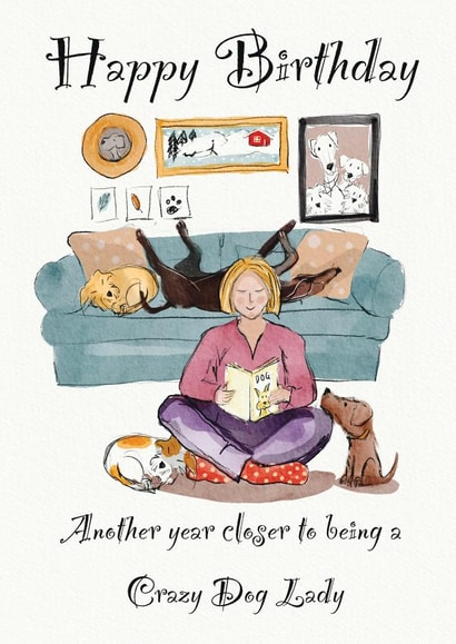 crazy dog lady birthday card created by Jo Scott Art