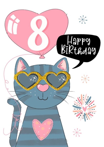 Cool cat sunglasses - 8th Birthday card - hearts and balloon - fun for her created by Little Cat Creates