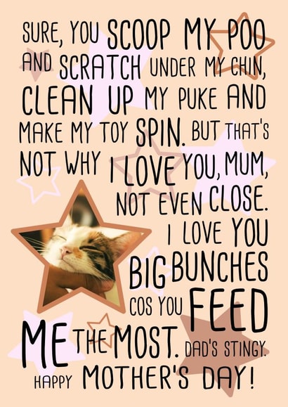 Funny Cat Poem Personalised Mothers Day Card / Photo Card - From The Cat - I Love You Big Bunches Cos You Feed Me The Most created by Miümi Cat