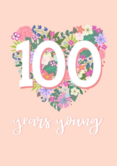 Happy 100th Birthday for her - Pretty peach pastel floral heart - 100 years young created by Little Cat Creates