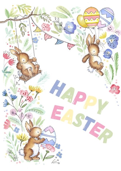 rabbits flowers Easter Card 16558 created by Kate Garrett