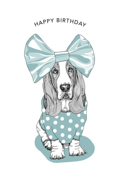 Big Bow Basset Hound Birthday Card created by Dotty Dog Art