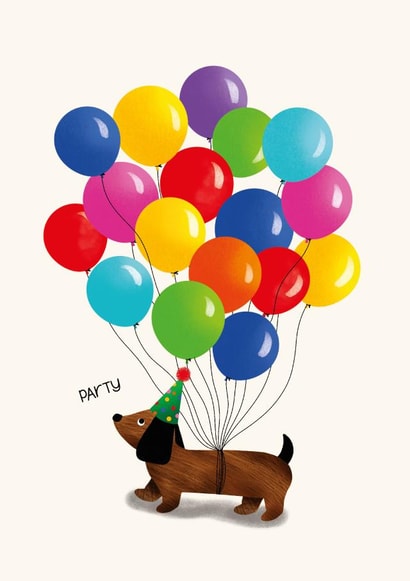Cute Birthday Party dog with bundle of bright balloons created by Paper Valley Design Studio