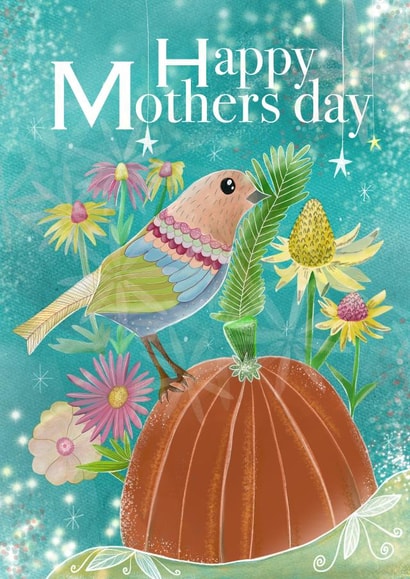 Happy Mothers Day cute bird on pumpkin, with florals, nature greeting card created by Phoebe