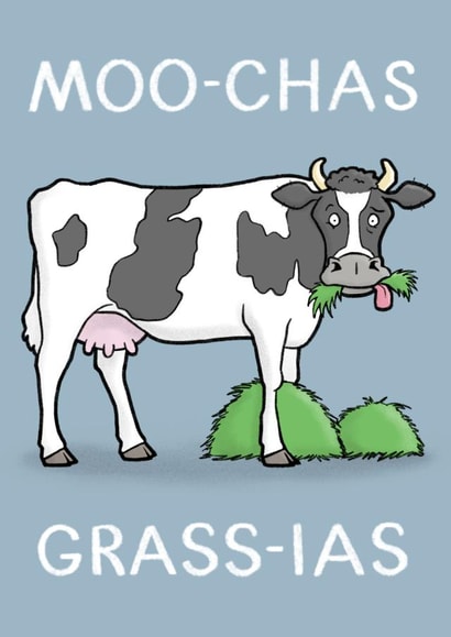 Funny Cow Pun Thank You Card - Cow - Grass - Moo-Chas Grass-Ias created by Carl Batterbee