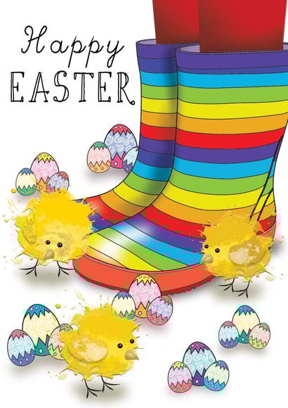 Rainbow wellies and Easter chicks Easter Card created by Kat Pearson