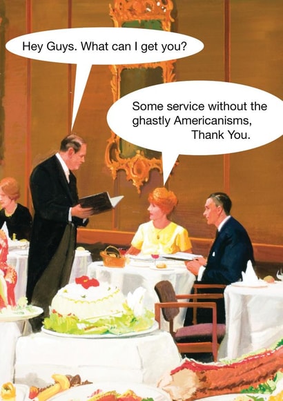 Ghastly Americanisms funny dinner waiter Ladybird card created by © Ladybird Books Ltd 2025
