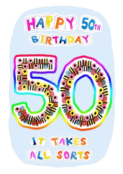 50th Birthday written in Liquorice Allsorts created by Genevieve Fay