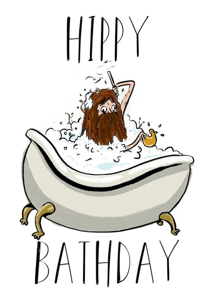 Funny Hippy Bathday Birthday Card created by TS Wolfe