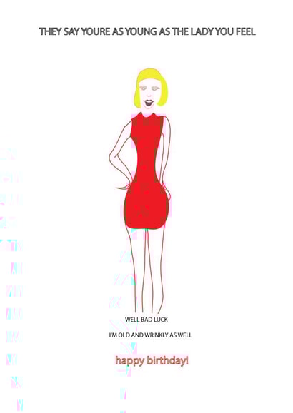 Funny red dress card created by art by thurston