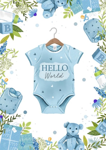 "Hello World" New Baby Boy Greetings Card created by Hannah Clark Illustrations