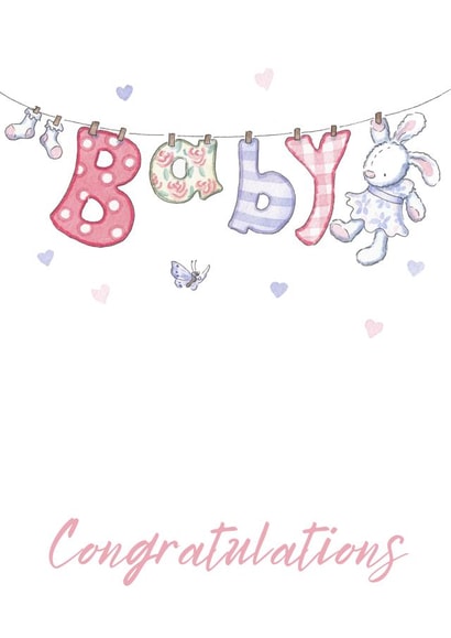 Baby girl congratulations washing line card created by Kate Garrett