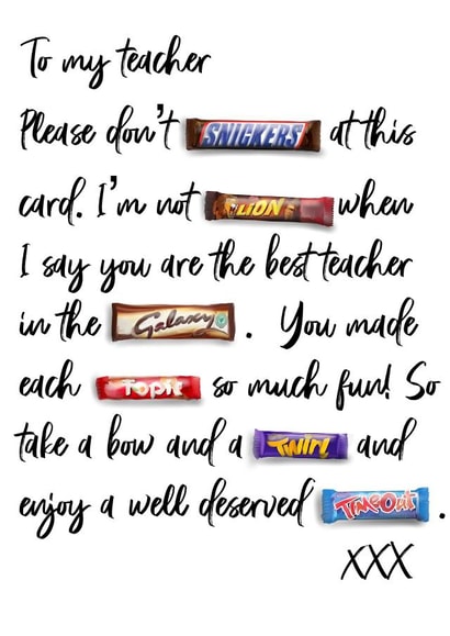 Funny Teacher Chocolate Thankyou Card created by picsandsquiggles