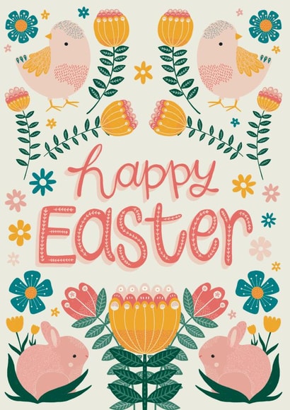 Chicks, Bunnies and Spring Florals Happy Easter Card created by Hollie McManus Illustration